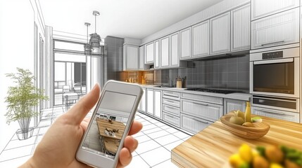 Hand holding smart phone, AR application, simulate furniture and interior design products in real home, architect designer concept, sketch project background, modern kitchen, 3d illustration