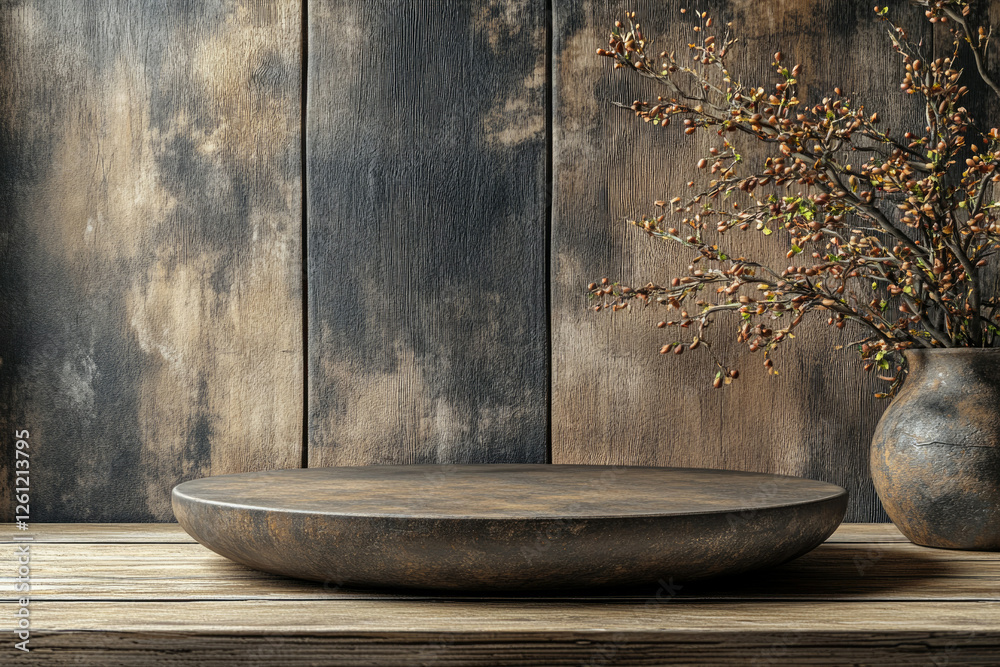Poster rustic wooden background with a dark brown round display stand and dried flowers in a vase.
