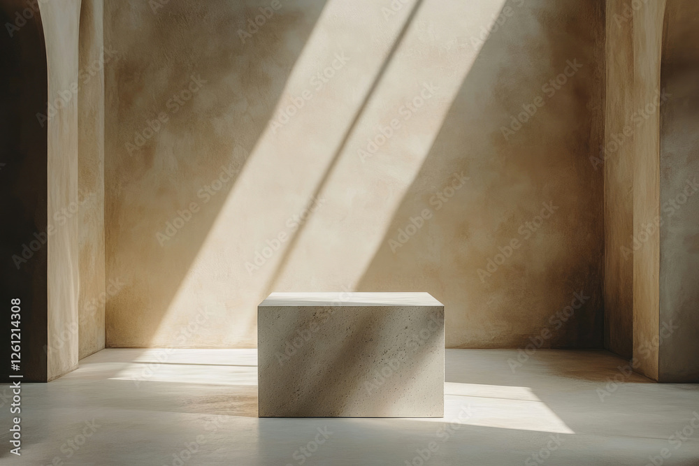 Poster a minimalist concrete cube sits in a sunlit room with arched walls, creating a serene and modern aes