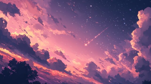 Dreamy pastel sky with stars background. Aesthetic pink sjy landscape desktop wallpaper background. Pink sparkly pastel evening sky with cute clouds backdrop for desktop background.