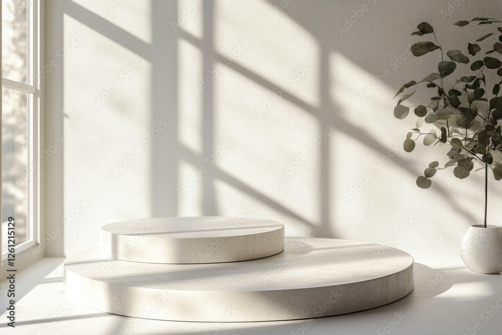 Poster minimalist white podium with sunlight and shadows, showcasing product display in a serene setting.
