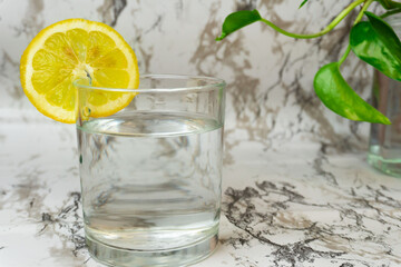 Glass with a lemon slice on it and water on a marble clean white background, potos plant. Refreshing, diet, clensing, detox