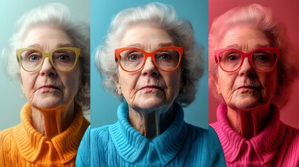 Senior woman wearing colorful eyeglasses and sweaters posing in studio with changing background...