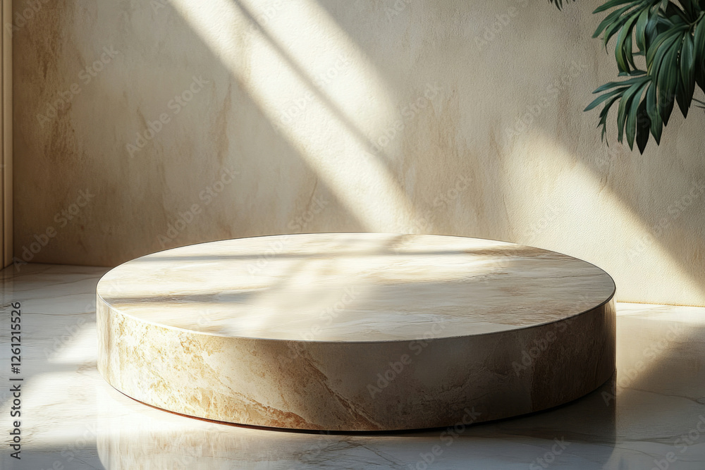 Poster elegant round marble display stand bathed in sunlight, perfect for product showcasing or minimalist 