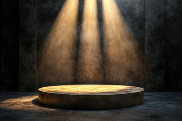 A circular wooden platform illuminated by three spotlights against a dark, textured concrete background.