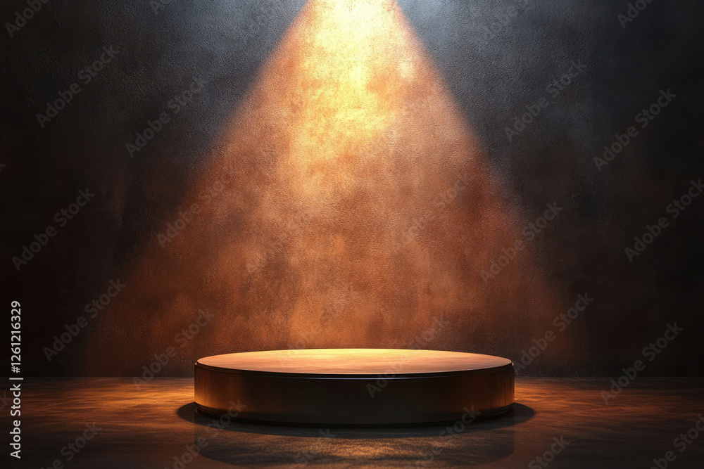 Poster A spotlight illuminates an empty circular wooden platform against a textured dark brown wall, creating a dramatic and moody scene.