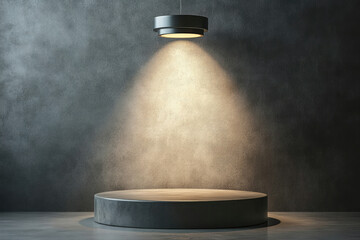A spotlight illuminates an empty cylindrical platform against a textured dark gray wall, creating a dramatic and minimalist scene.