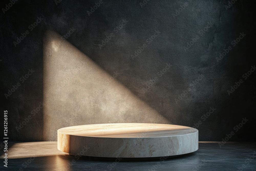 Poster a minimalist round wooden podium illuminated by a single light source against a dark textured wall.