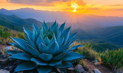 Majestic agave plant at sunset overlooking scenic mountain range with glowing sky