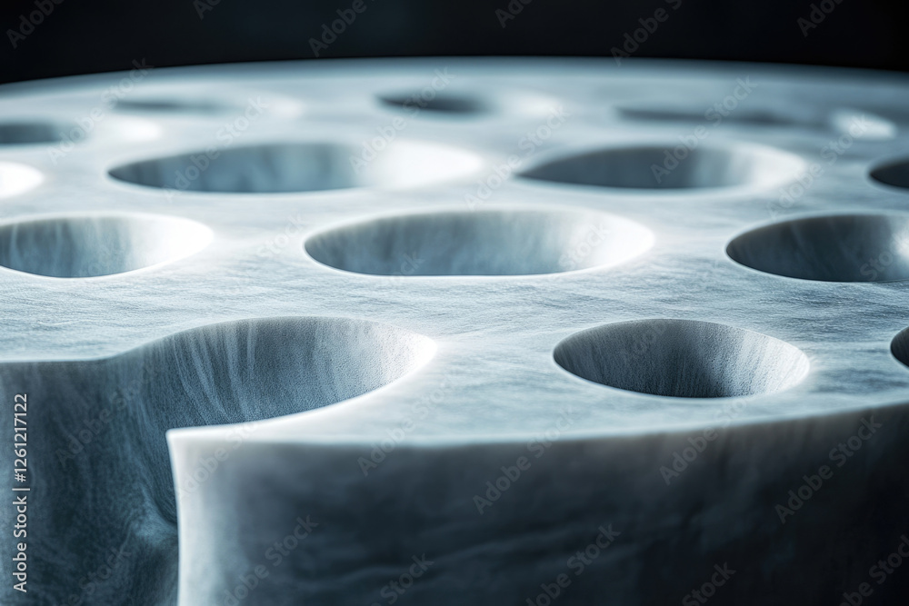 Poster abstract grey marble sculpture with multiple circular depressions, showcasing intricate texture and 