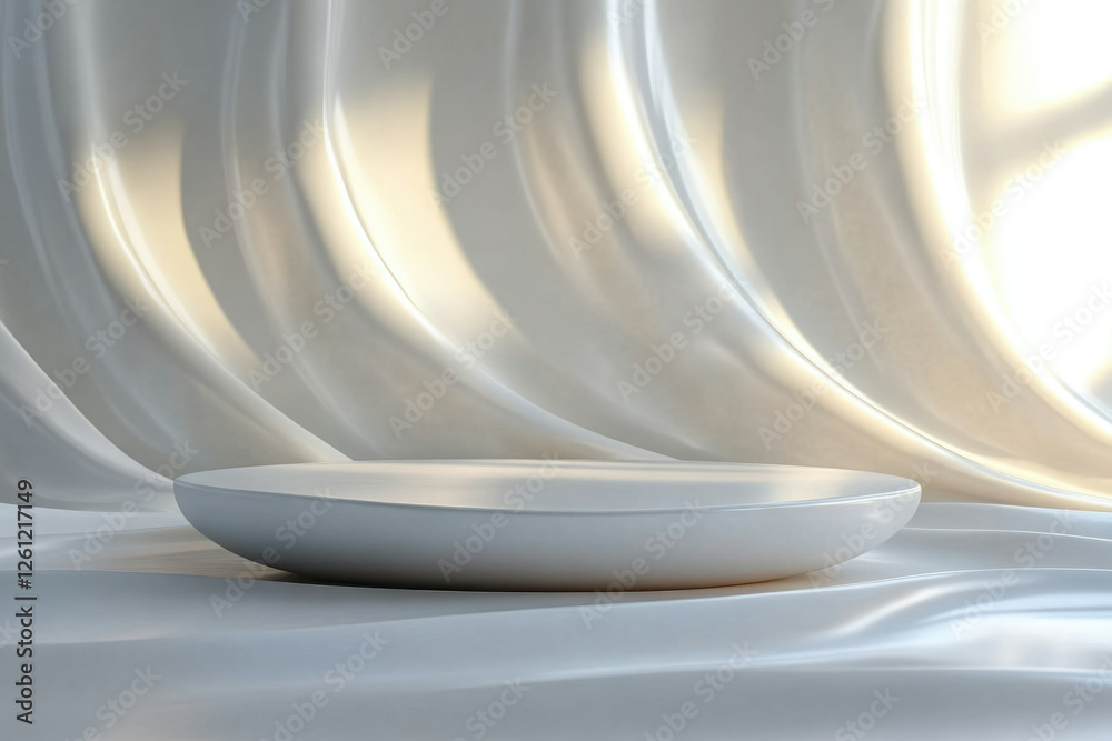 Poster elegant white platform on flowing silk backdrop, ideal for product display or minimalist aesthetic.