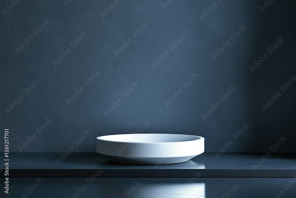 Poster a minimalist white bowl sits on a dark blue surface against a textured wall, creating a serene and s