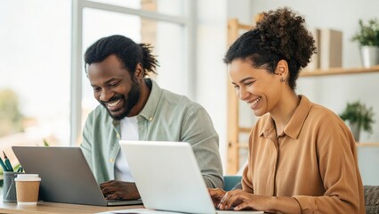 Obraz premium a couple of office colleagues are collaborating on a laptop and looking at the monitor and are smiling in a bright office environment