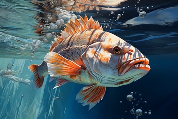 Fototapeta premium A large fish glides gracefully through the blue water in a vibrant underwater ecosystem. Sunlight filters through the surface, creating a serene atmosphere.