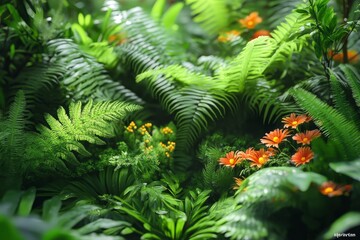 Lush Tropical Rainforest Plants, Orange Flowers