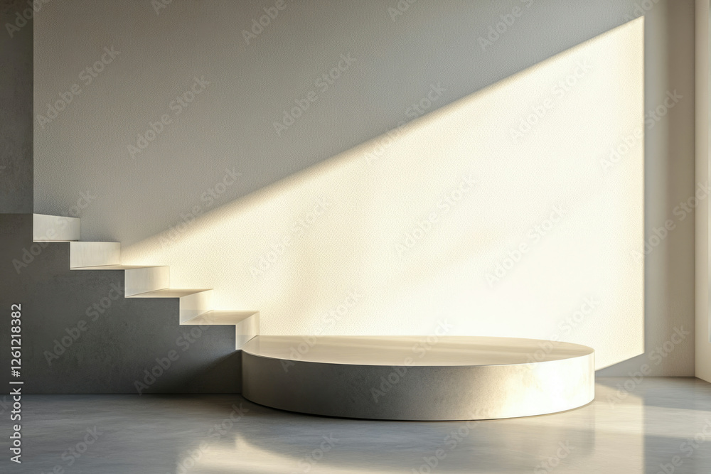 Poster minimalist interior design featuring a circular platform and a modern staircase bathed in sunlight.