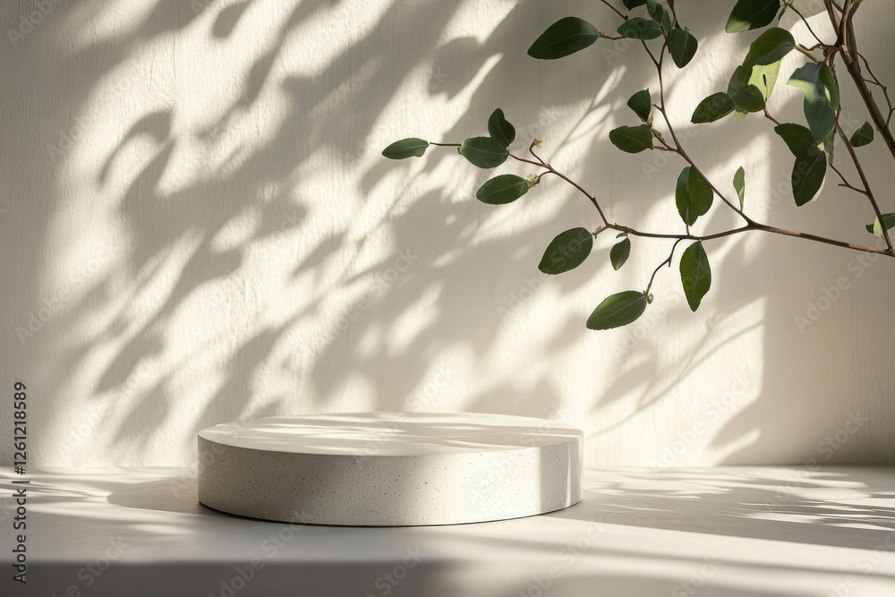 Poster minimalist product display with a white cylindrical stand, sunlight casting shadows, and a leafy bra
