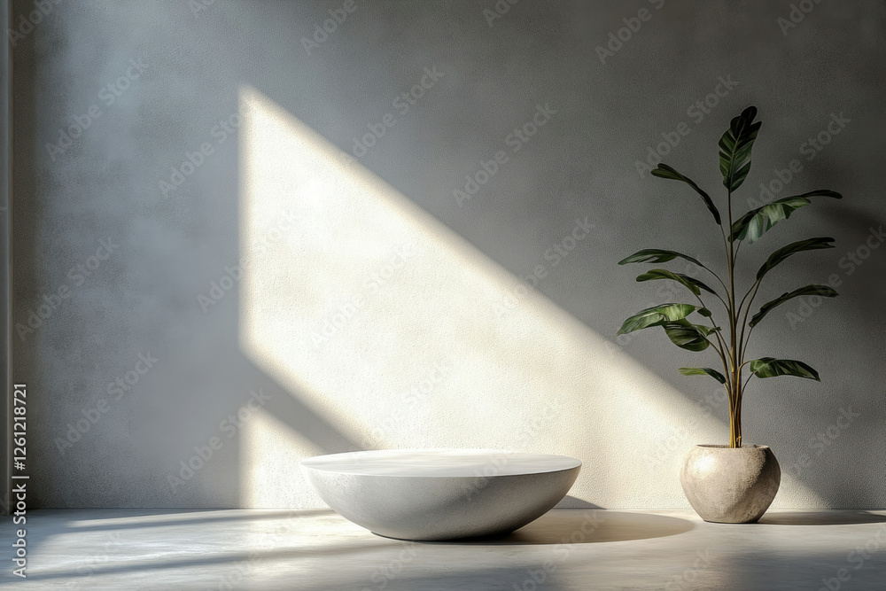 Aufkleber minimalist studio setup with a round display stand and a potted plant, bathed in sunlight.