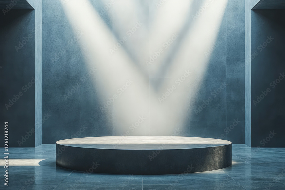 Poster a minimalist circular podium in a dimly lit concrete room, illuminated by spotlights.