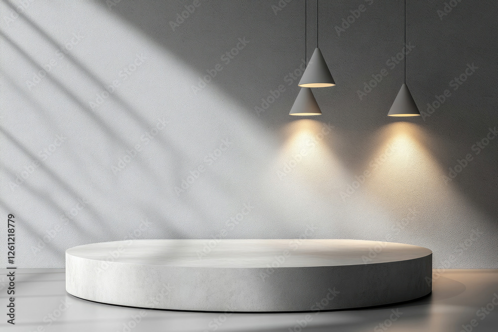 Poster minimalist studio scene with a round concrete podium and three hanging pendant lamps, casting soft l