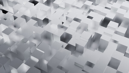 A pattern of silver cubes creates a sense of infinite depth and perspective. This minimalist, 3D rendered image evokes feelings of order, structure, and the endless possibilities of the digital world.