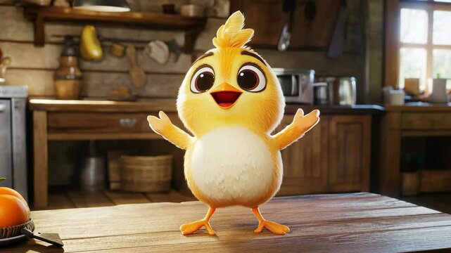 Cute animated chick standing on a wooden table in a cozy kitchen filled with various kitchen items during daytime