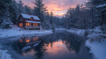 Fototapeta premium Snowy cabin sunset river reflection winter wonderland