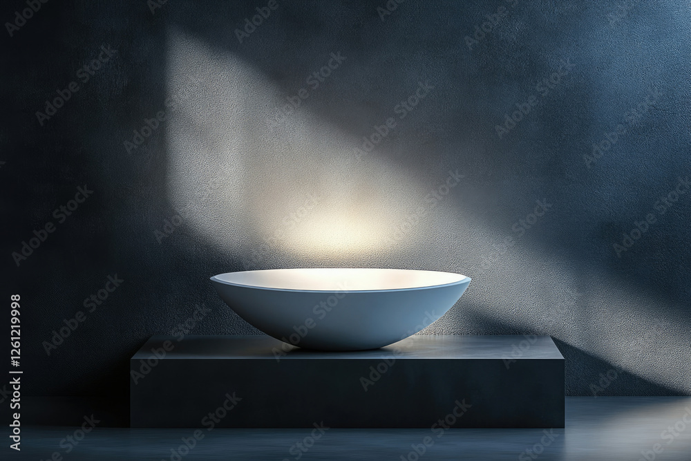 Poster a minimalist white basin sits on a dark platform against a textured wall, illuminated by a soft ligh