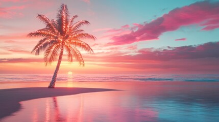 Fototapeta premium Palm tree with lights on beach at sunset