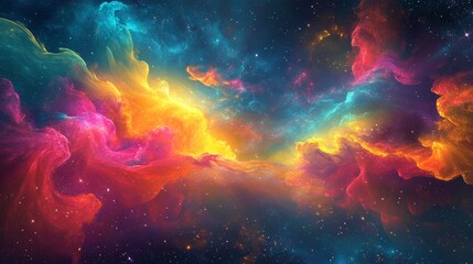Fototapeta premium A vibrant, colorful fantasy scene: a glowing galaxy, futuristic city, and psychedelic landscapes. Think bright stars, comets, and auroras in a surreal, abstract space