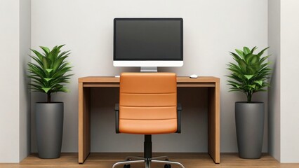 Fototapeta premium a modern minimalist workspace with a desk, computer, and a comfortable chair, creating a sleek and functional environment. Potted plants adds a touch of nature and tranquility to the space.