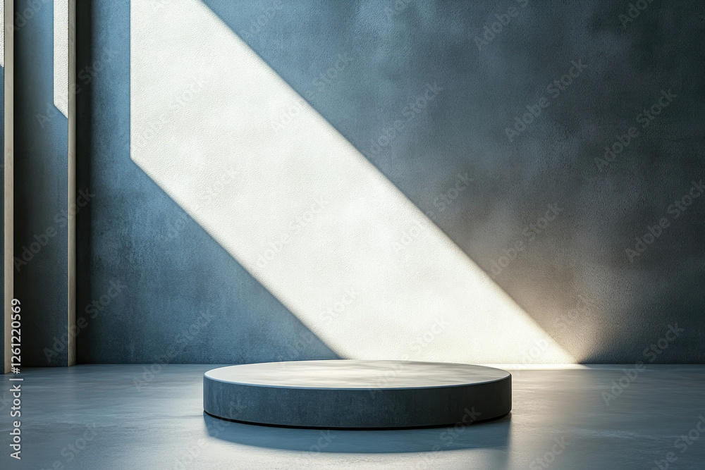 Poster minimalist concrete platform in a sunlit room, ideal for product display or presentation.