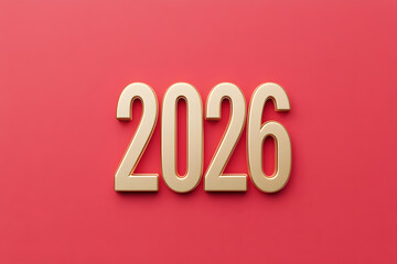 Golden metallic numbers '2026' on a flat red background, representing the year, a date in the future, or an anniversary year, suitable for celebrations.