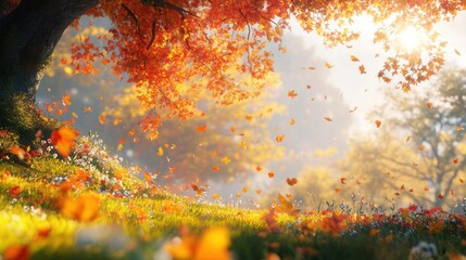Autumn leaves fall, sunlit meadow, vibrant colors, tranquil scene