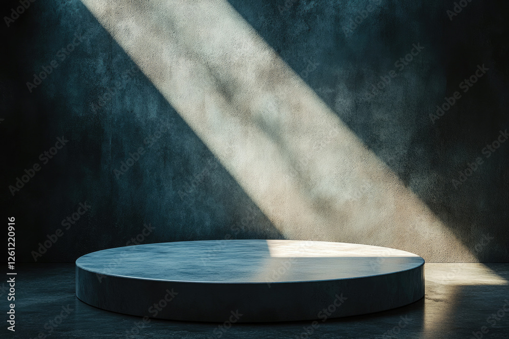Poster a circular stone podium bathed in sunlight against a textured wall, creating a minimalist, elegant d