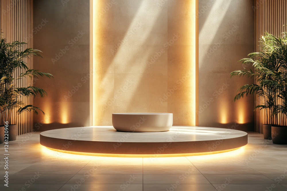 Poster minimalist interior design with a circular platform, illuminated, showcasing a zen-like atmosphere.