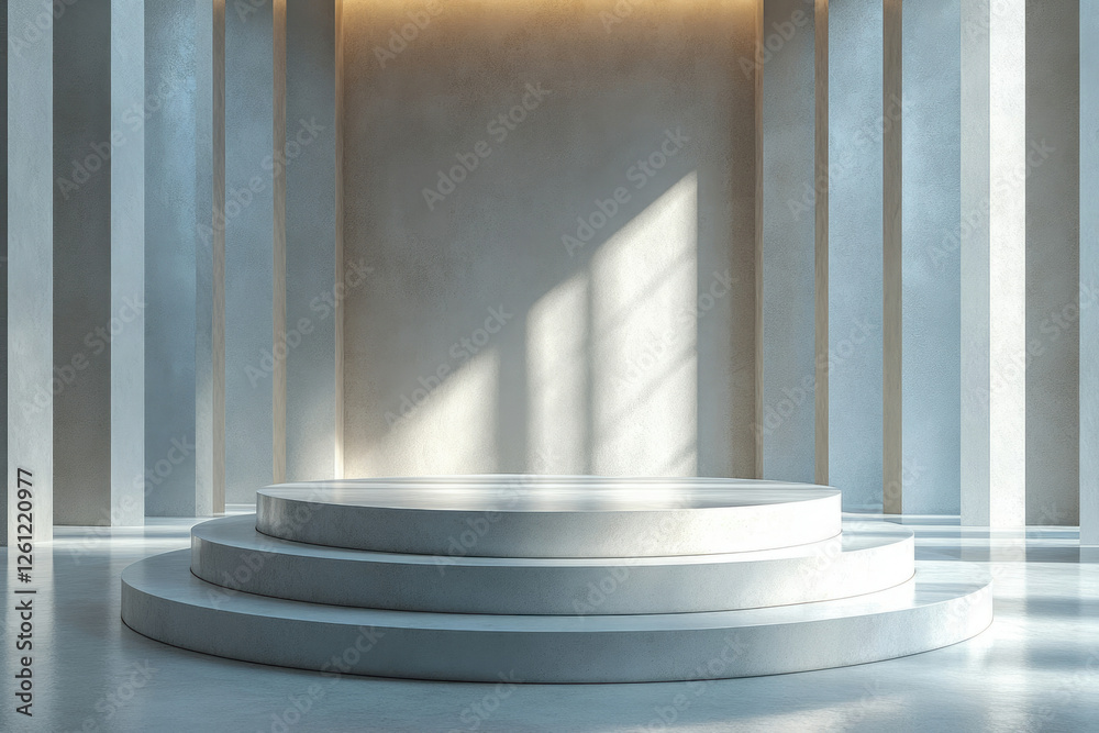 Poster minimalist, three-tiered circular platform in a sunlit, modern space with columns.