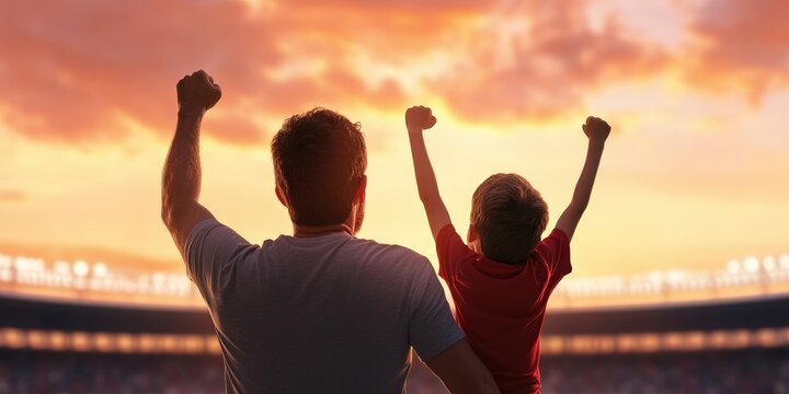 A father and son watching a football game together, cheering and celebrating a goal, exciting family bonding moment