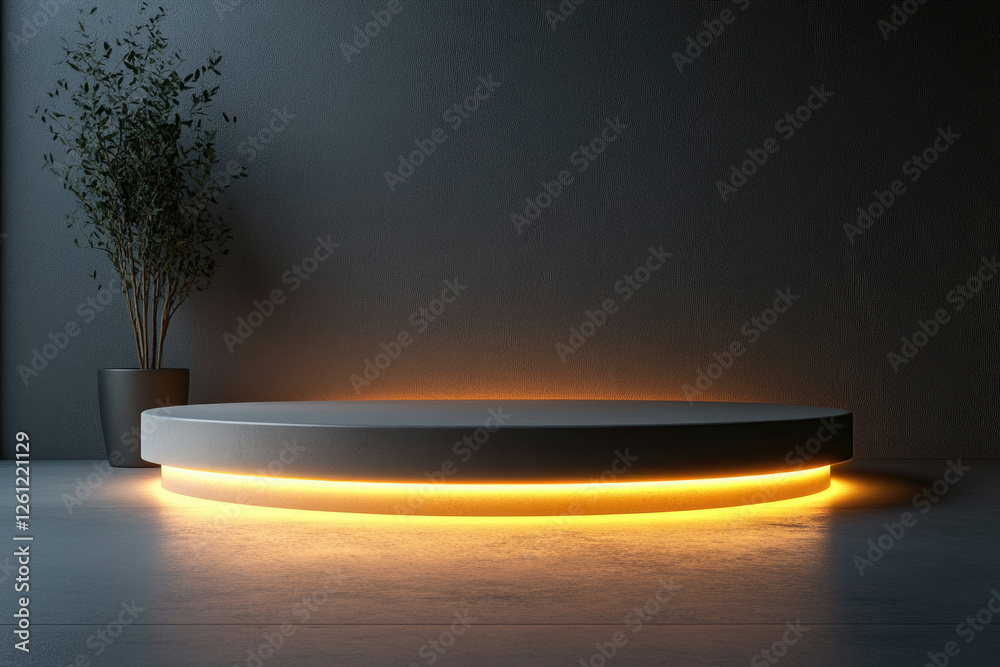Poster Illuminated circular platform with plant, minimalist backdrop; perfect for product display or presentation.