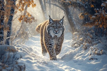 Lynx walking snowy forest path, winter sunlight