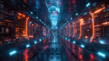 Obraz premium Futuristic spaceship corridor with glowing panels and controls.