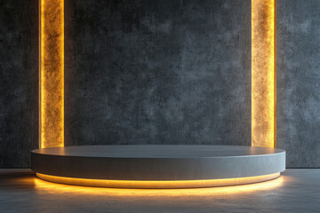 Illuminated circular platform against a dark textured wall with golden vertical lines, ideal for product display.