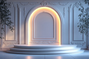 Obraz premium Elegant, minimalist stage with arched backdrop and soft lighting, perfect for product display or presentation.