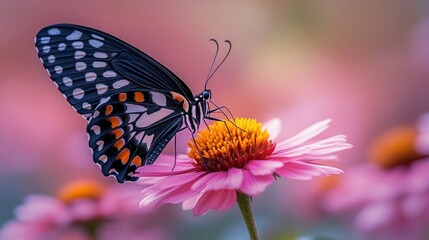 Obraz premium Butterfly feeding on pink flower in garden, bokeh background, nature photography