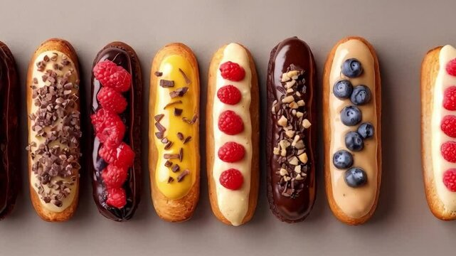 Variety of Colorful Eclairs Sweet Pastry Desserts with Chocolate, Raspberry, and Blueberry Toppings for Delicious Assortment of Flavors and Textures