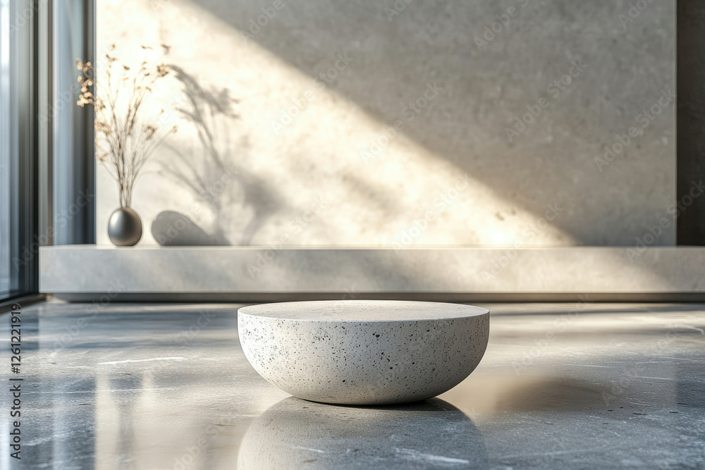 Poster minimalist concrete podium in a sunlit room with a vase of dried flowers, creating a serene and styl