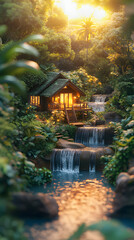 Obraz premium Tilt-shift photography of an island cabin in the jungle with a waterfall