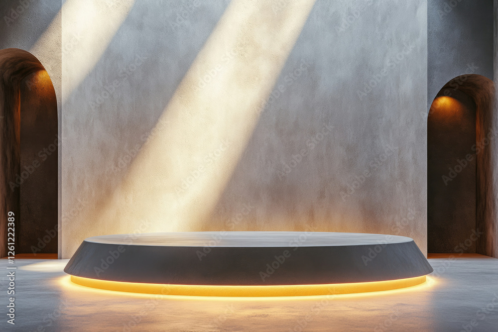 Poster minimalist concrete podium with warm light accents, set against a textured wall with arched recesses