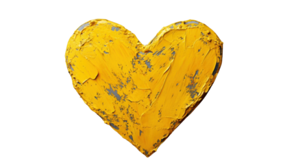 Yellow impasto heart painting representing love and affection on transparent background
