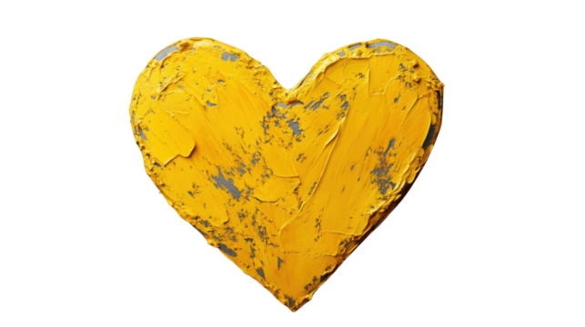 Yellow impasto heart painting representing love and affection on transparent background